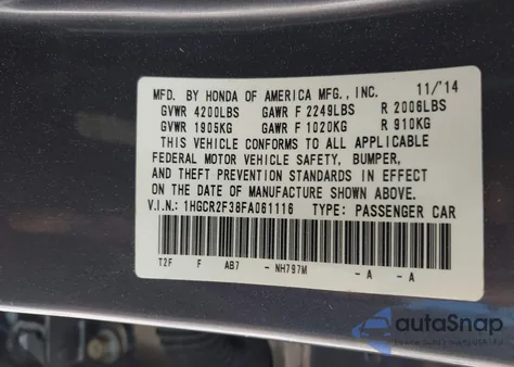 2015 Honda Accord Lx из США, поврежденный, VIN 1HGCR2F38FA061116